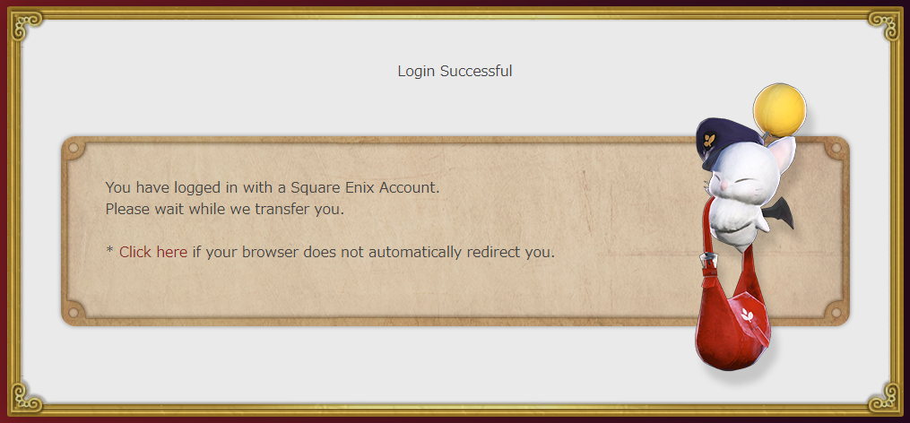 A screenshot indicating the user has successfully logged in, and will be automatically redirected. If the automatic redirect does not occur, the user is encouraged to click the link in red.
